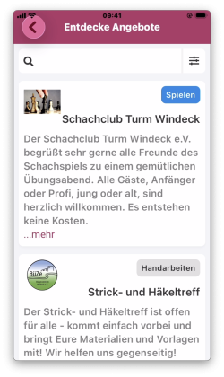 Beispielansicht der Angebotsliste im Modul „Vor Ort dabei“