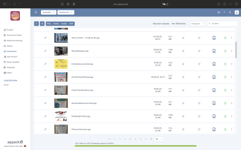 Übersicht der Mediathek im CMS
