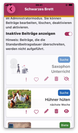 Verfügbare Aktionen im Admin-Modus für einzelne Beiträge