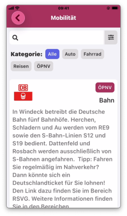 Such- und Filterfunktionen im Modul „Mobilität“