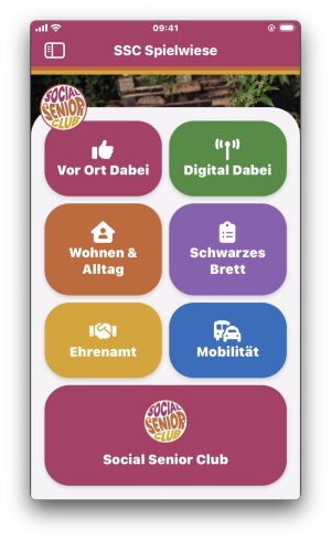Startansicht der Social Senior Club App