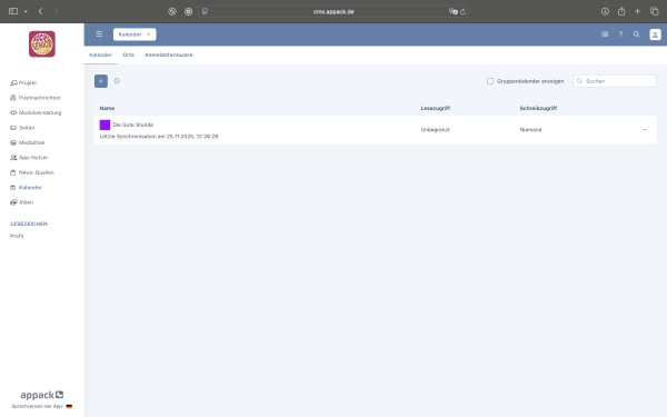 Übersicht des Kalenderbereichs im CMS