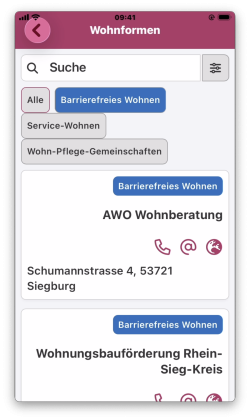 Such- und Filterfunktionen im Modul „Wohnformen“