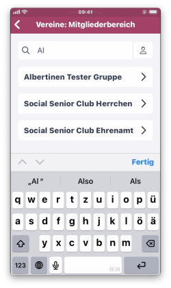 Suchfeld und Profilzugang im Mitgliederbereich