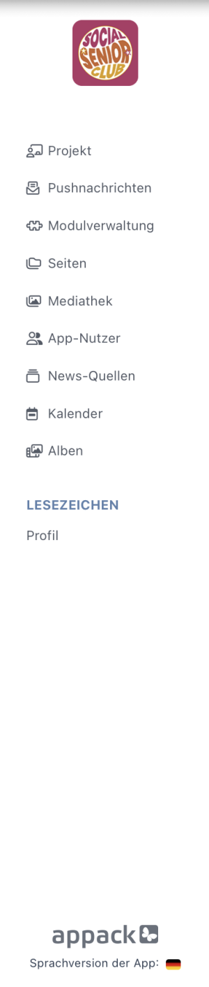 Navigationsleiste mit den Hauptbereichen des CMS