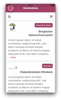 Beispielansicht der Vereinsübersicht im Modul „Vor Ort dabei“