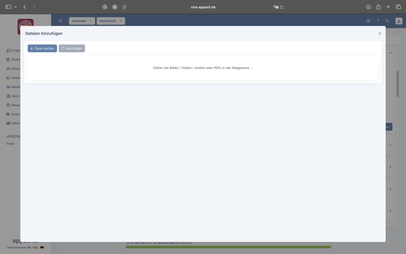 Uploadbereich der CMS-Mediathek