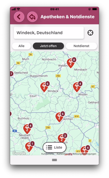 Beispielansicht für Apotheken-Notdienste in der App