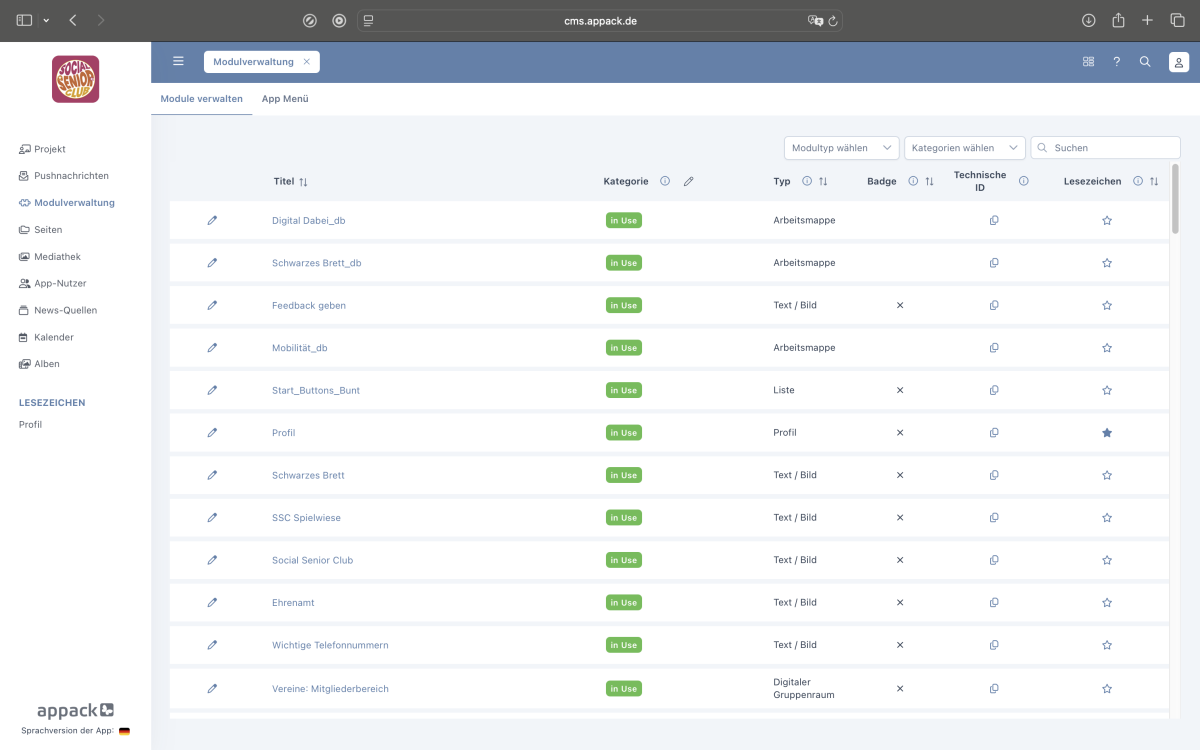 Übersicht der Modulverwaltung im CMS