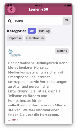 Such- und Filterfunktionen im Modul „Lernen +50“