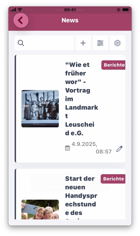 Header: Suche, Kategorien, Einstellungen